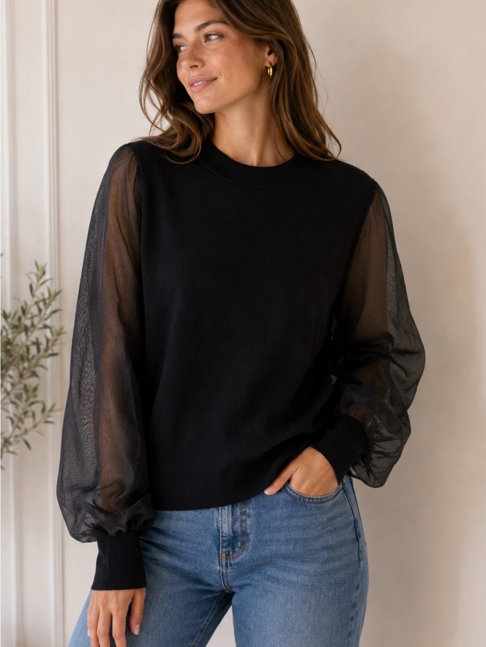 CeCe Black V-neck Lightweight Sweater